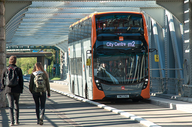 Metrobus M2 travelling over the Create Bridge