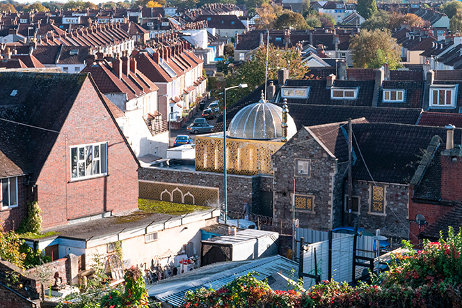 View of Easton Mosque Bristol through neighbouring properties