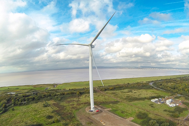 Avonmouth wind turbine Avonmouth wind turbine with the River Severn and bridge in the distance