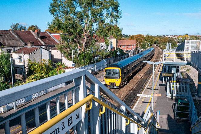 Stapleton Road Bristol Train Station view from steps as train passing