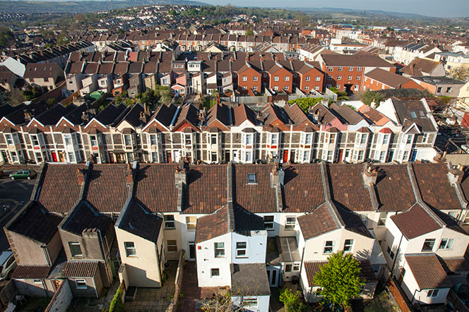 Aerial shot of roof tops over South Bristol