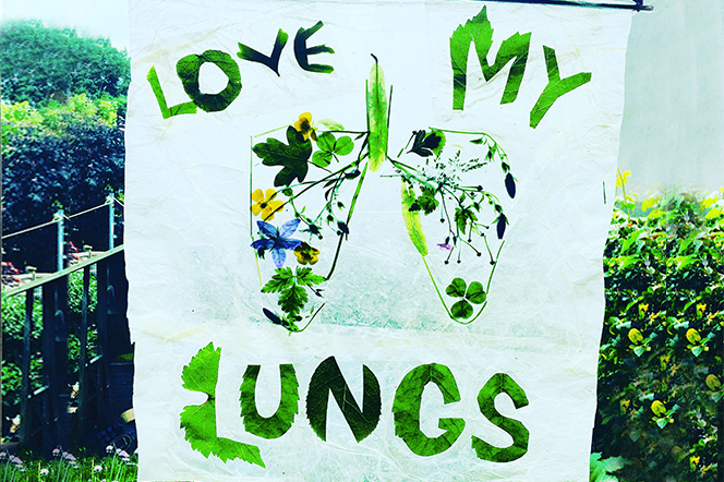 Hand crafted banner with illustration of lungs and the message "Love My Lungs" made from green leaves.