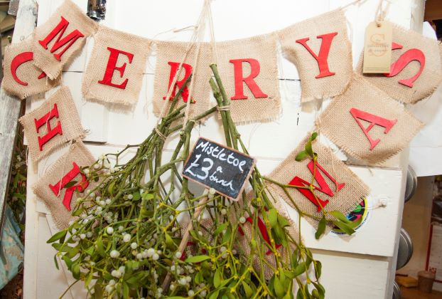 Christmas Banner and miseltoe at St Nics market Christmas banner and miseltoe